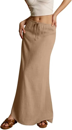 Womens Skirts Summer Long Flowy Skirts Comfy Drawstring Low Rise Linen Maxi Skirt with Slit Beach Plus Size