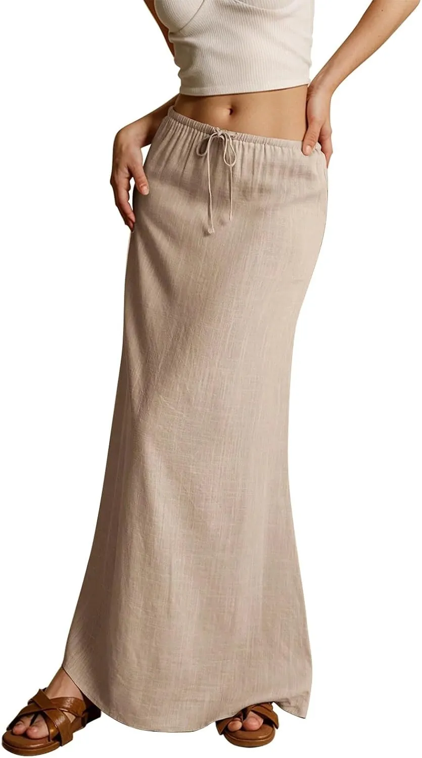 Womens Skirts Summer Long Flowy Skirts Comfy Drawstring Low Rise Linen Maxi Skirt with Slit Beach Plus Size