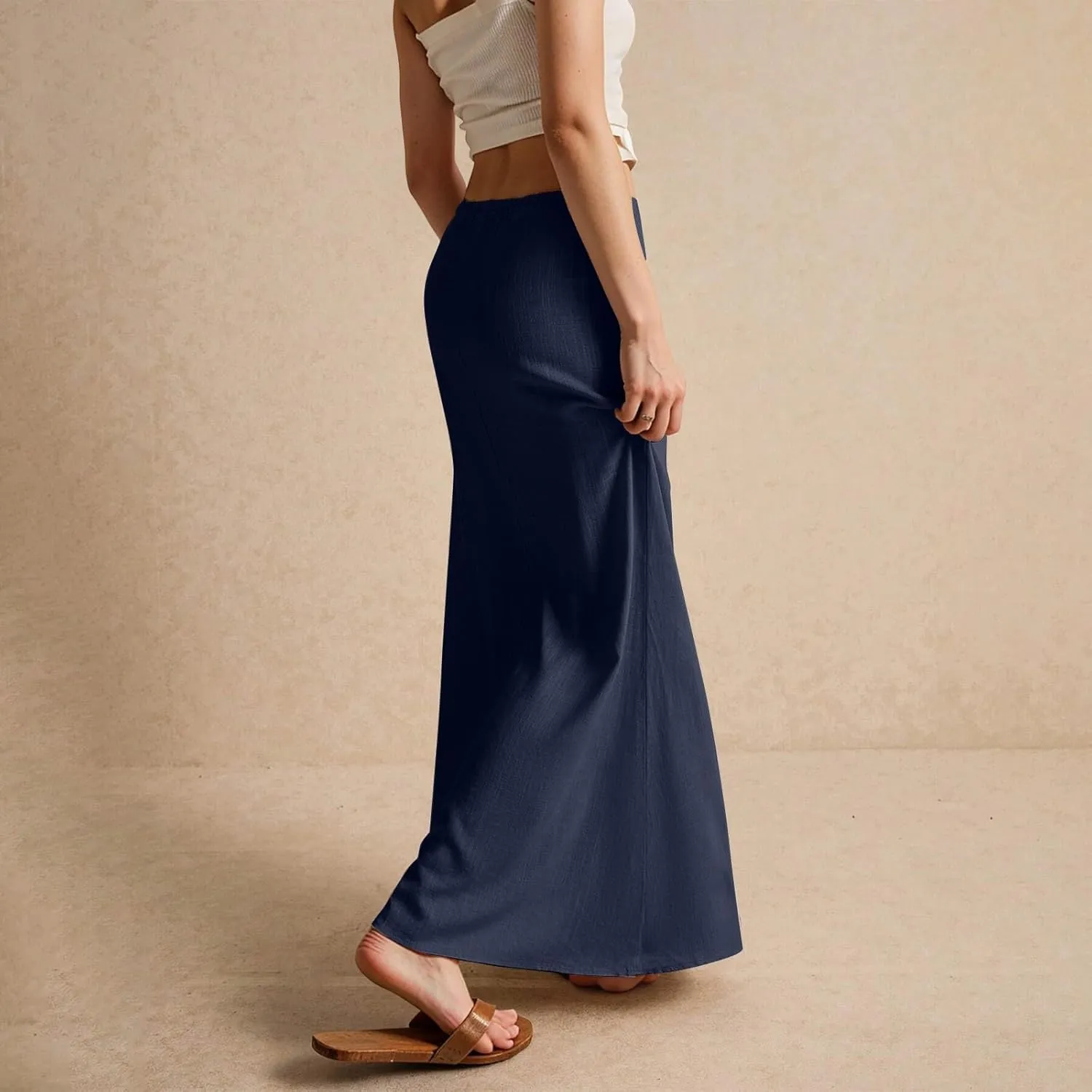 Womens Skirts Summer Long Flowy Skirts Comfy Drawstring Low Rise Linen Maxi Skirt with Slit Beach Plus Size