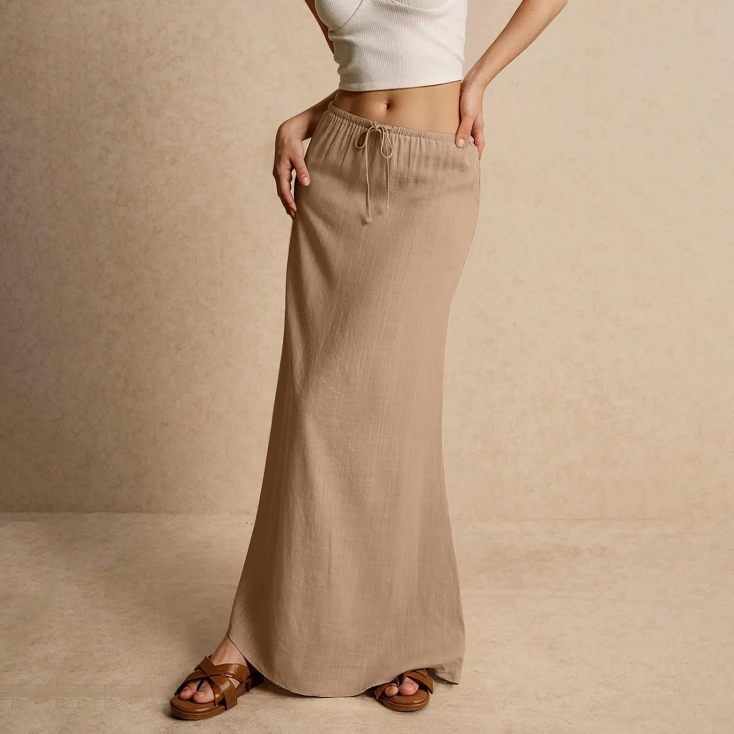 Womens Skirts Summer Long Flowy Skirts Comfy Drawstring Low Rise Linen Maxi Skirt with Slit Beach Plus Size