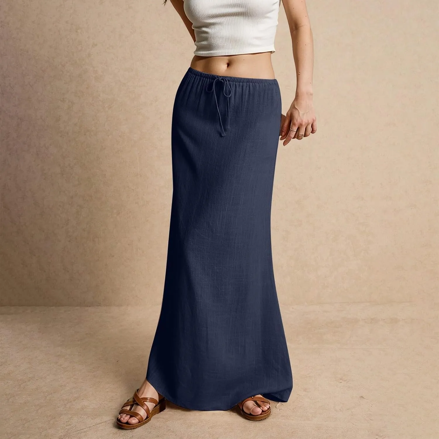 Womens Skirts Summer Long Flowy Skirts Comfy Drawstring Low Rise Linen Maxi Skirt with Slit Beach Plus Size