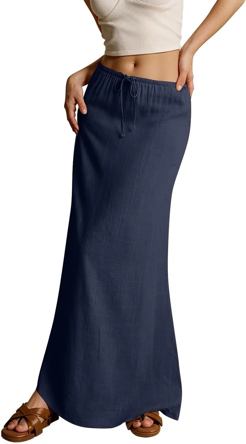 Womens Skirts Summer Long Flowy Skirts Comfy Drawstring Low Rise Linen Maxi Skirt with Slit Beach Plus Size