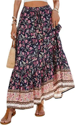 Women's Skirts,Wrap Tiered Hawaiian Flowy Maxi Skirts for Women 2025 Trendy Long Boho Skirt Spring Summer