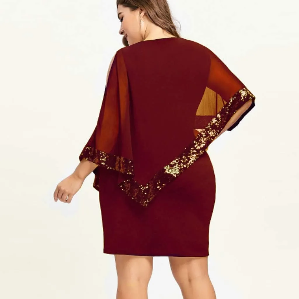 Women's Sleeveless Cape Dress Chiffon Overlay Bodycon Pencil Dress Strapless Sequins Dress Plus Size Dress