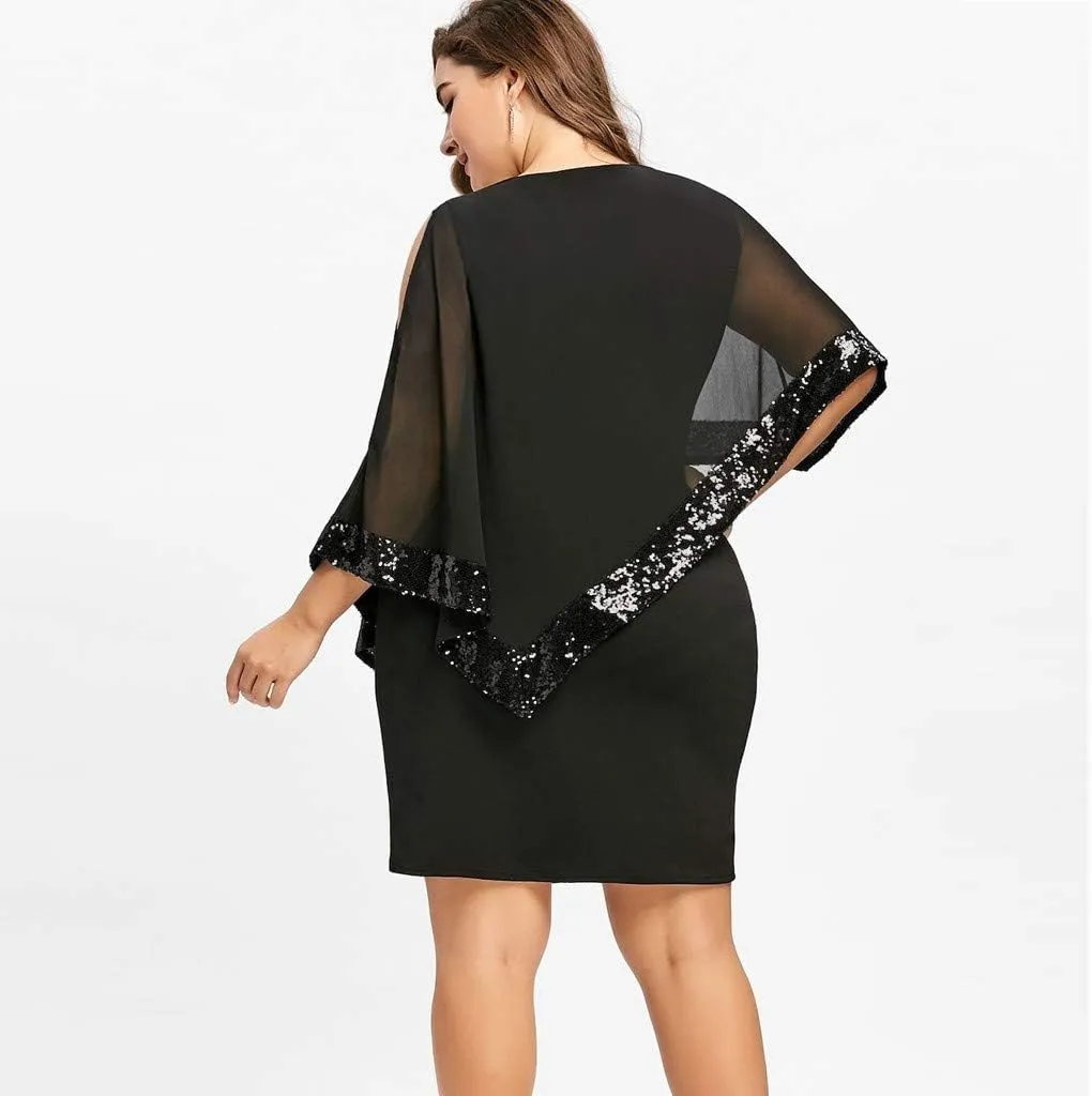 Women's Sleeveless Cape Dress Chiffon Overlay Bodycon Pencil Dress Strapless Sequins Dress Plus Size Dress