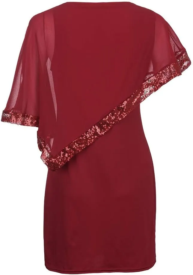 Women's Sleeveless Cape Dress Chiffon Overlay Bodycon Pencil Dress Strapless Sequins Dress Plus Size Dress