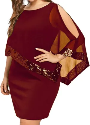 Women's Sleeveless Cape Dress Chiffon Overlay Bodycon Pencil Dress Strapless Sequins Dress Plus Size Dress