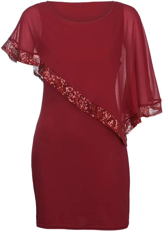 Women's Sleeveless Cape Dress Chiffon Overlay Bodycon Pencil Dress Strapless Sequins Dress Plus Size Dress