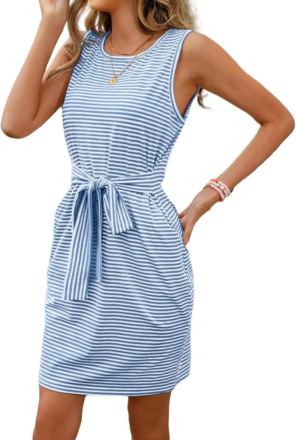 Womens Sleeveless Summer Dresses Crewneck Striped Waist Tie Mini Dress Casual Fashion Dressy Dresses 2025