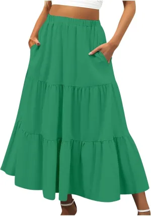 Women's Summer Boho Maxi Skirts Elastic High Waist Pleated A-Line Flowy Ruffle Tiered Long Beach Vacation Skirt