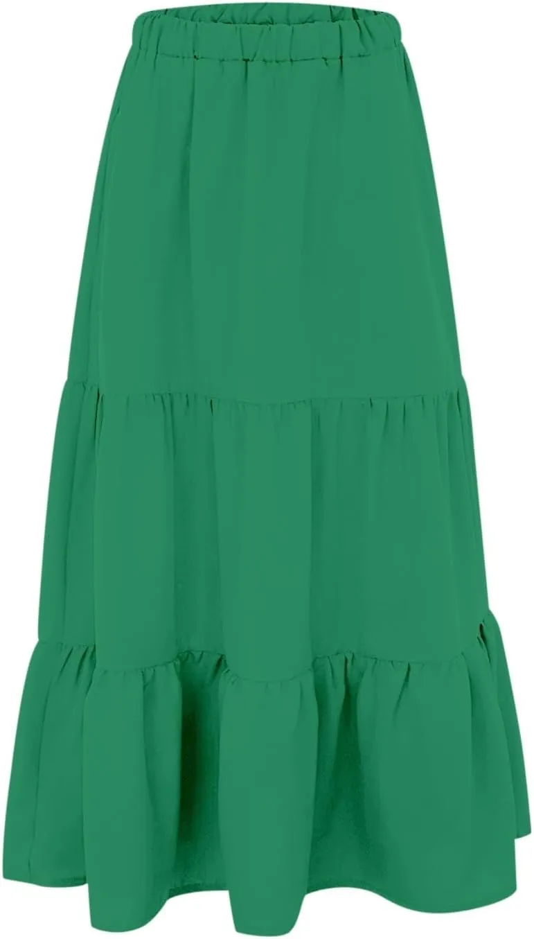 Women's Summer Boho Maxi Skirts Elastic High Waist Pleated A-Line Flowy Ruffle Tiered Long Beach Vacation Skirt