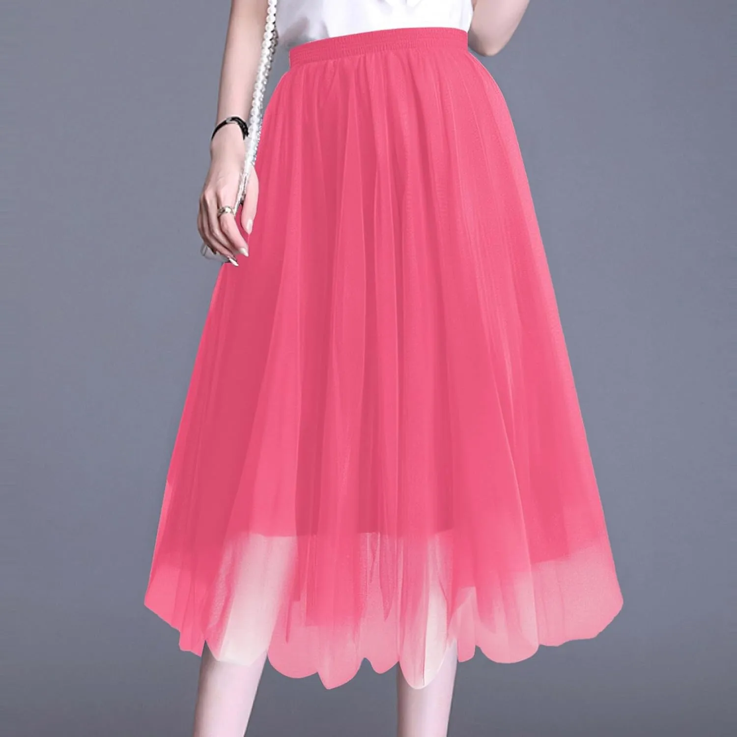 Women's Summer Casual Loose Trendy Elastic High Waist Solid Long Maxi Party Dance Fluffy Mesh Tulle Skirts