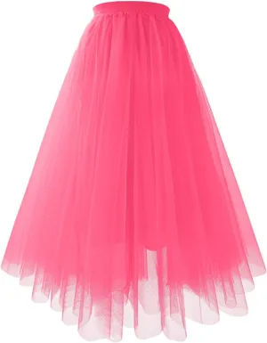 Women's Summer Casual Loose Trendy Elastic High Waist Solid Long Maxi Party Dance Fluffy Mesh Tulle Skirts