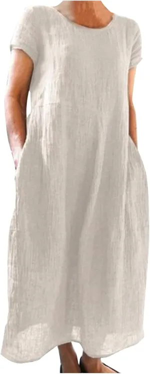 Womens Summer Cotton Linen Dresses 2025 Short Sleeve Loose Coverup Maxi Skirt Church Work Travel Outfits Long Dress