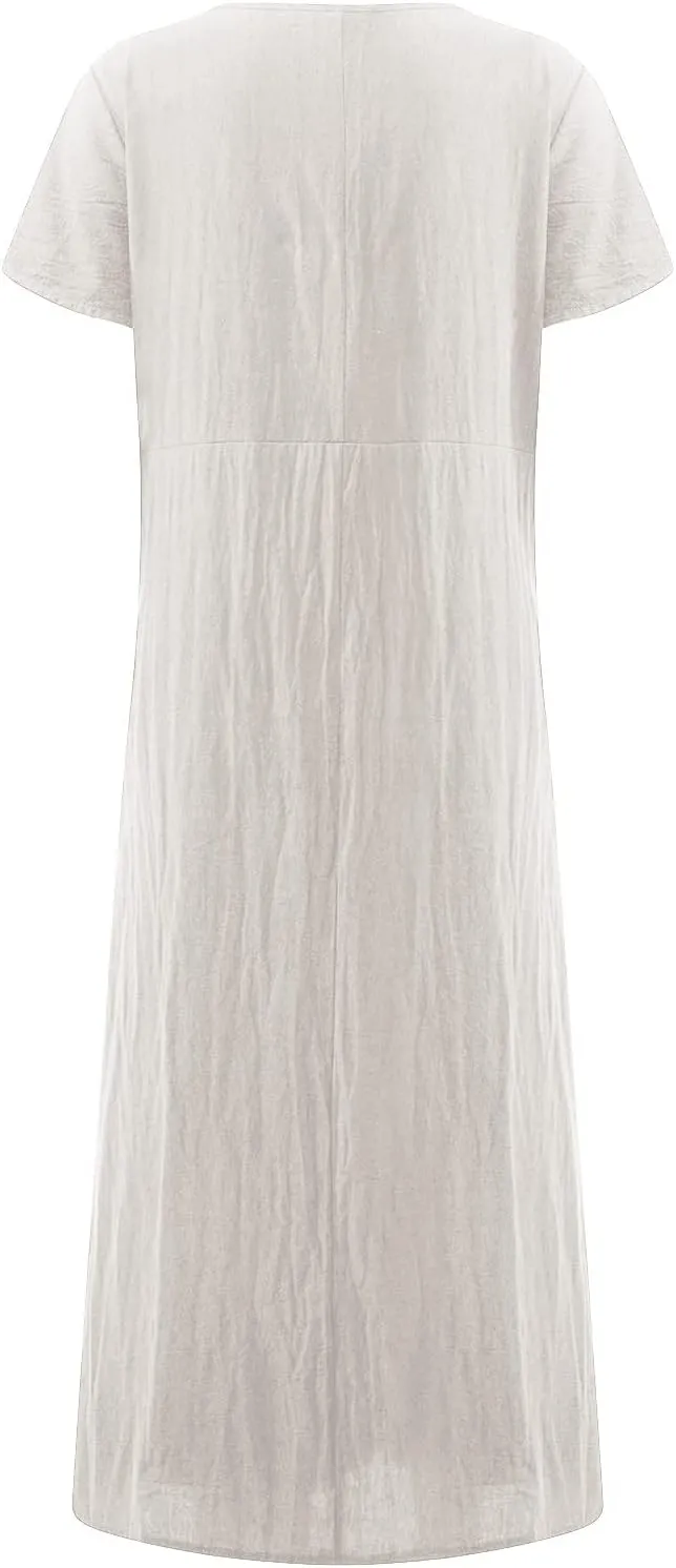Womens Summer Cotton Linen Dresses 2025 Short Sleeve Loose Coverup Maxi Skirt Church Work Travel Outfits Long Dress