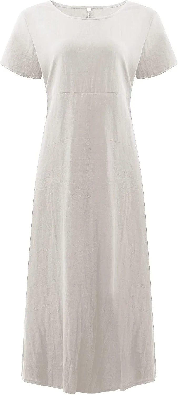 Womens Summer Cotton Linen Dresses 2025 Short Sleeve Loose Coverup Maxi Skirt Church Work Travel Outfits Long Dress