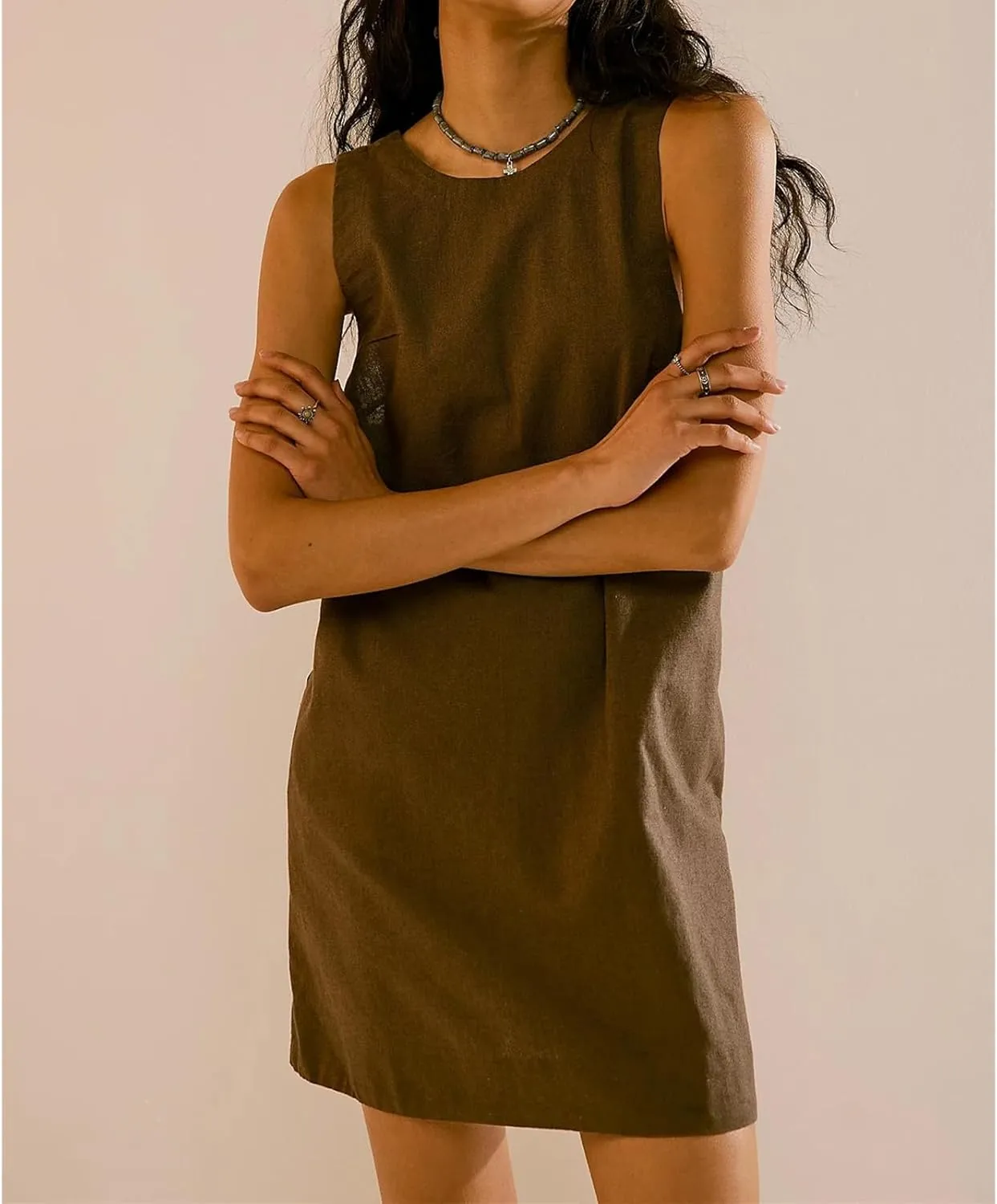 Womens Summer Crew Neck Sleeveless Tank Open Back Dress Cotton Linen Casual Sundress Beach Solid Sunshine Mini Dress