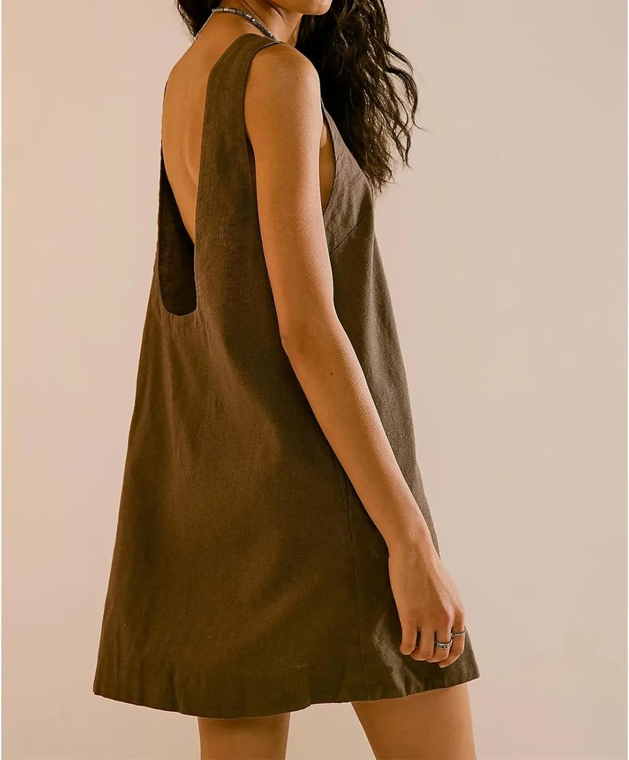 Womens Summer Crew Neck Sleeveless Tank Open Back Dress Cotton Linen Casual Sundress Beach Solid Sunshine Mini Dress