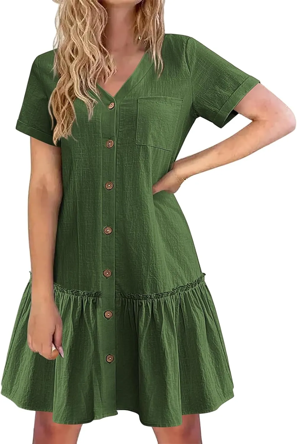 Womens Summer Dresses 2025 Button Down Ruffle Hem Midi Dress V Neck Short Sleeve Dresses Swing Flowy A-Line Dress