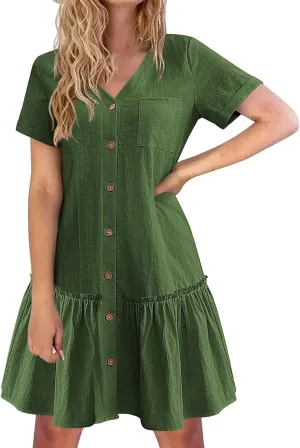 Womens Summer Dresses 2025 Button Down Ruffle Hem Midi Dress V Neck Short Sleeve Dresses Swing Flowy A-Line Dress