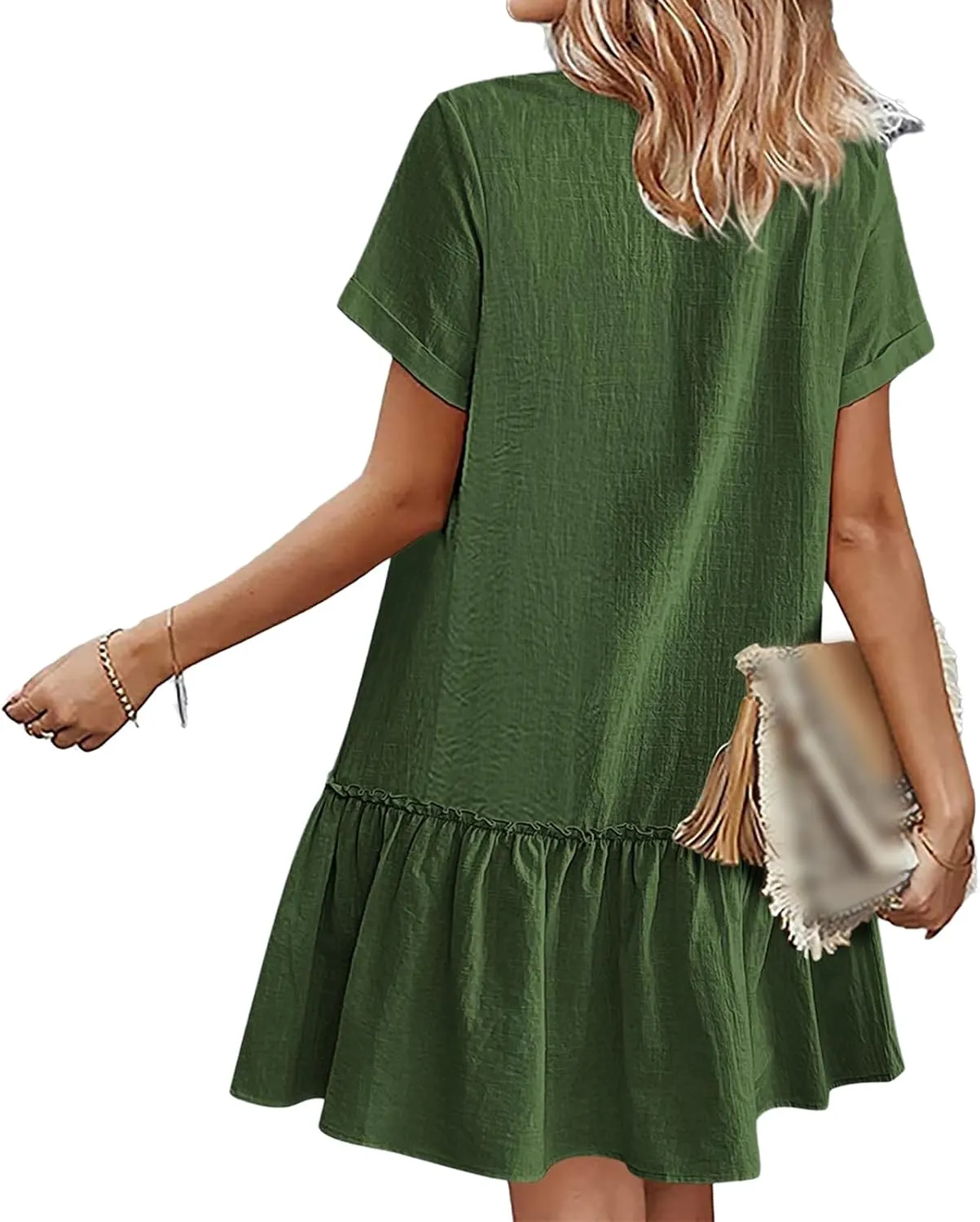 Womens Summer Dresses 2025 Button Down Ruffle Hem Midi Dress V Neck Short Sleeve Dresses Swing Flowy A-Line Dress