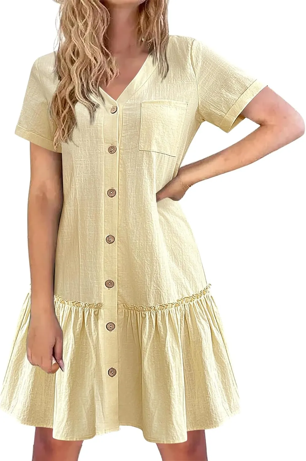 Womens Summer Dresses 2025 Button Down Ruffle Hem Midi Dress V Neck Short Sleeve Dresses Swing Flowy A-Line Dress