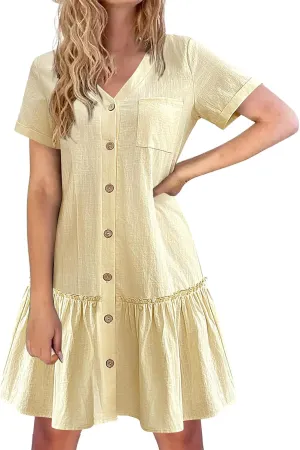 Womens Summer Dresses 2025 Button Down Ruffle Hem Midi Dress V Neck Short Sleeve Dresses Swing Flowy A-Line Dress