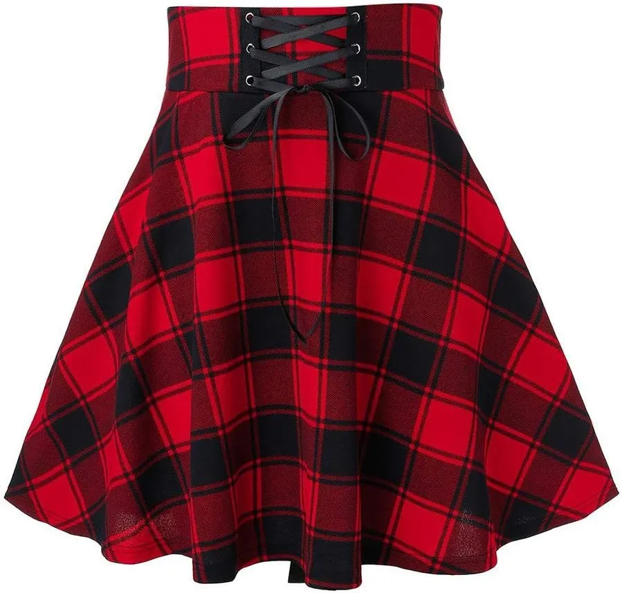 Women's Summer Dresses 2025 Casual Loose Trendy Elastic High Waist Plaid Printed Pleated Sun Beach Skirts, S-2XL