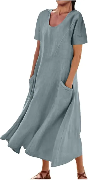 Womens Summer Dresses Cotton Linen Short Sleeve Tshirt Beach Flowy Dresses Casual Loose Solid Sundresses with Pockets