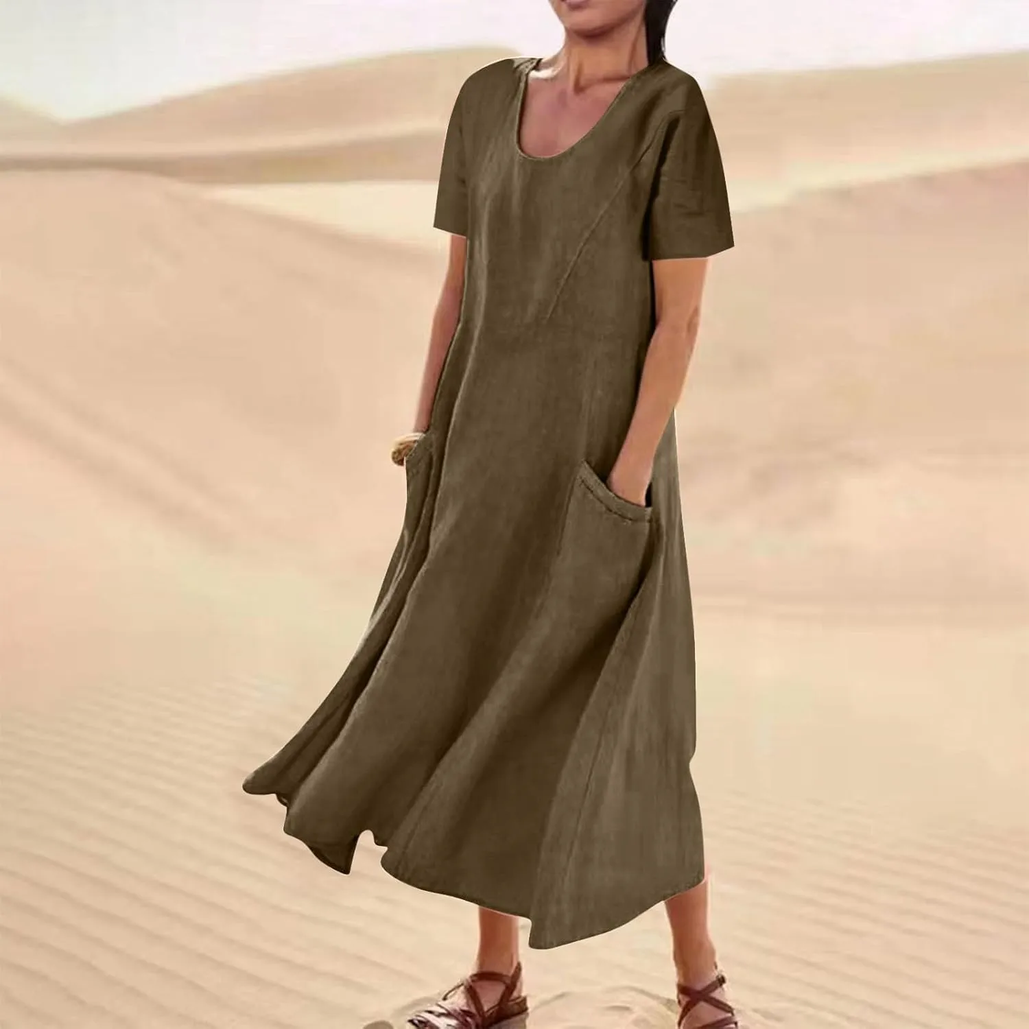 Womens Summer Dresses Cotton Linen Short Sleeve Tshirt Beach Flowy Dresses Casual Loose Solid Sundresses with Pockets