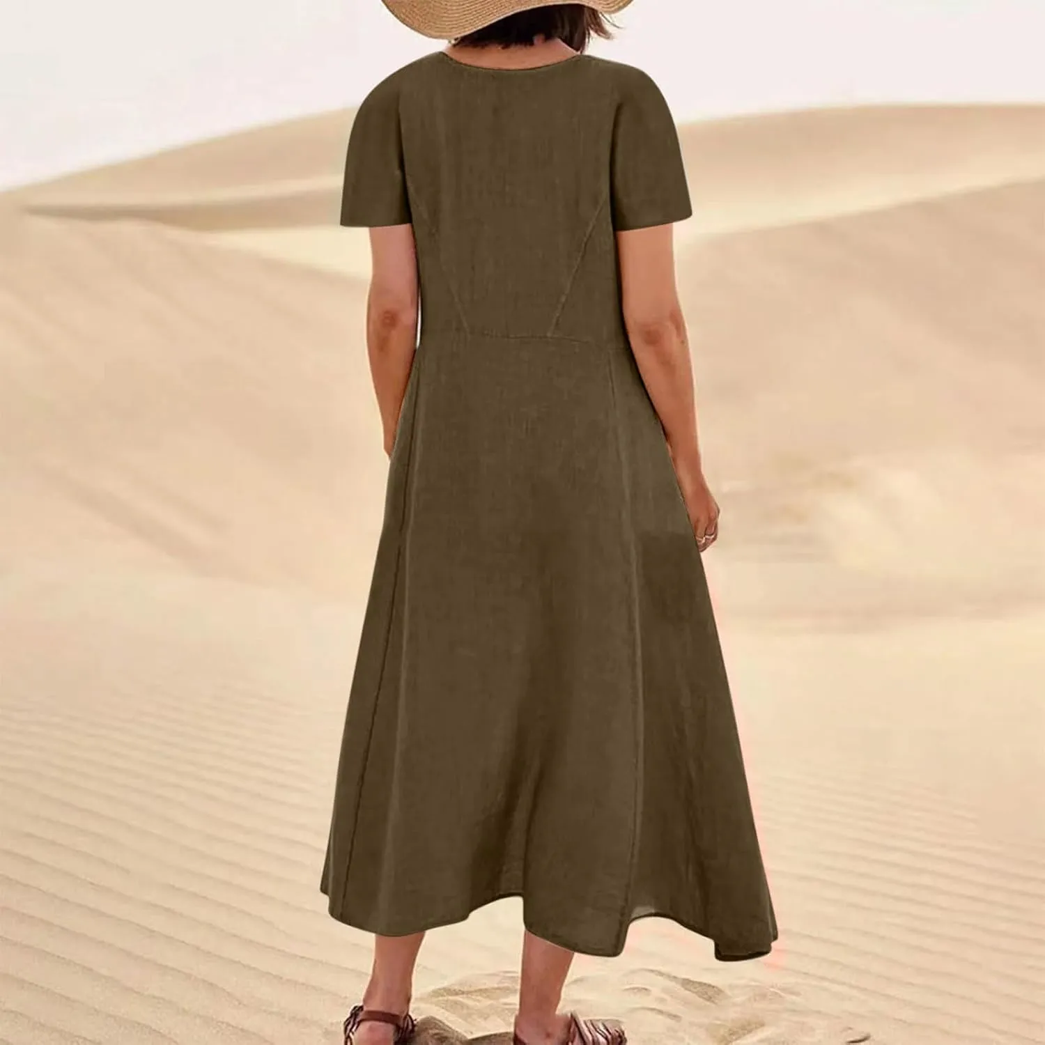 Womens Summer Dresses Cotton Linen Short Sleeve Tshirt Beach Flowy Dresses Casual Loose Solid Sundresses with Pockets