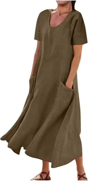 Womens Summer Dresses Cotton Linen Short Sleeve Tshirt Beach Flowy Dresses Casual Loose Solid Sundresses with Pockets