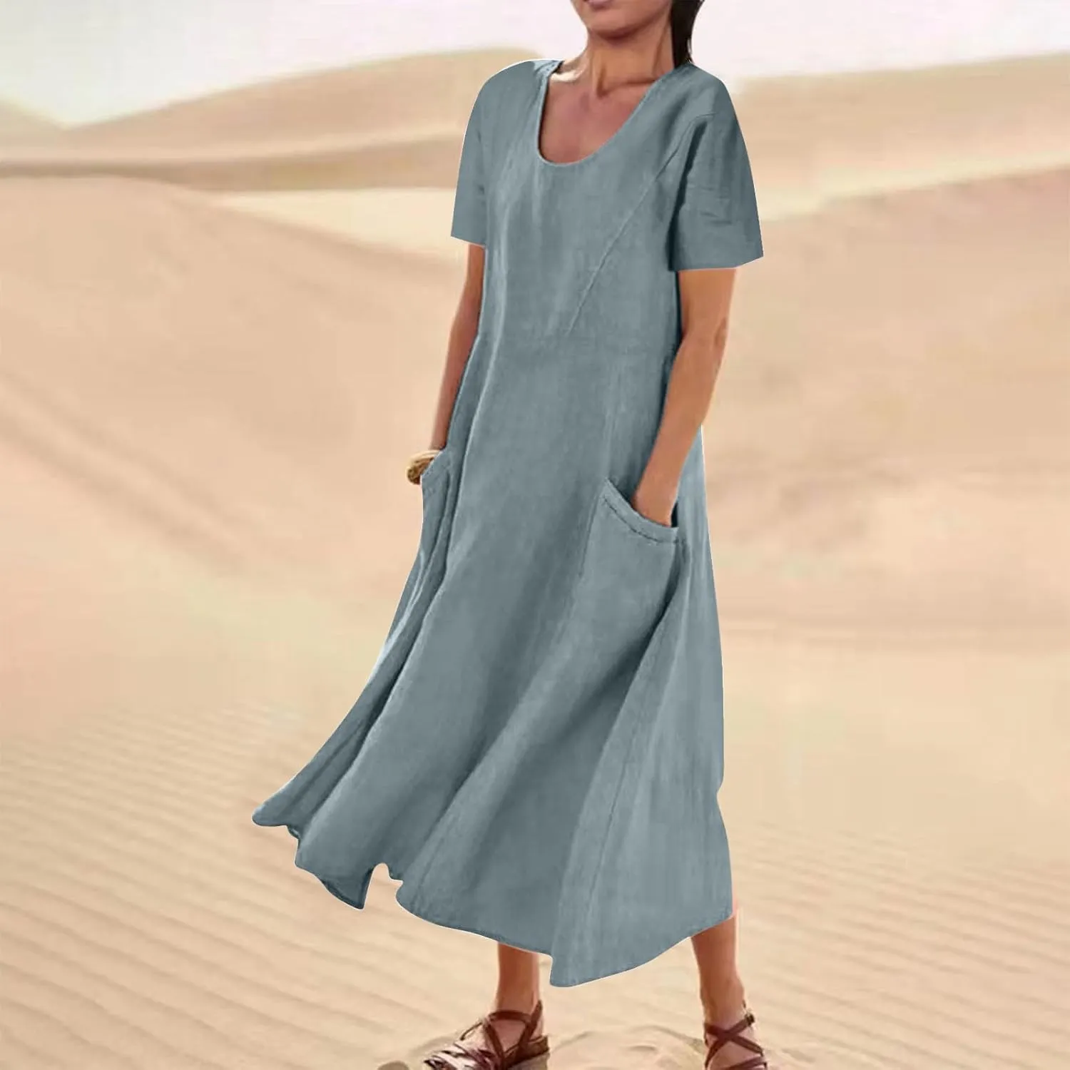 Womens Summer Dresses Cotton Linen Short Sleeve Tshirt Beach Flowy Dresses Casual Loose Solid Sundresses with Pockets