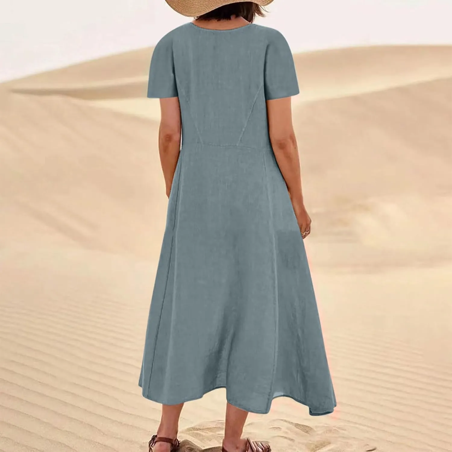Womens Summer Dresses Cotton Linen Short Sleeve Tshirt Beach Flowy Dresses Casual Loose Solid Sundresses with Pockets
