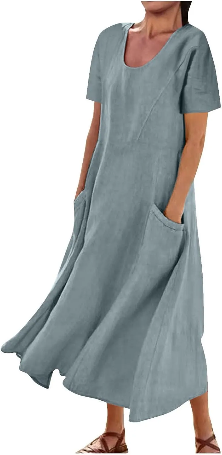 Womens Summer Dresses Cotton Linen Short Sleeve Tshirt Beach Flowy Dresses Casual Loose Solid Sundresses with Pockets