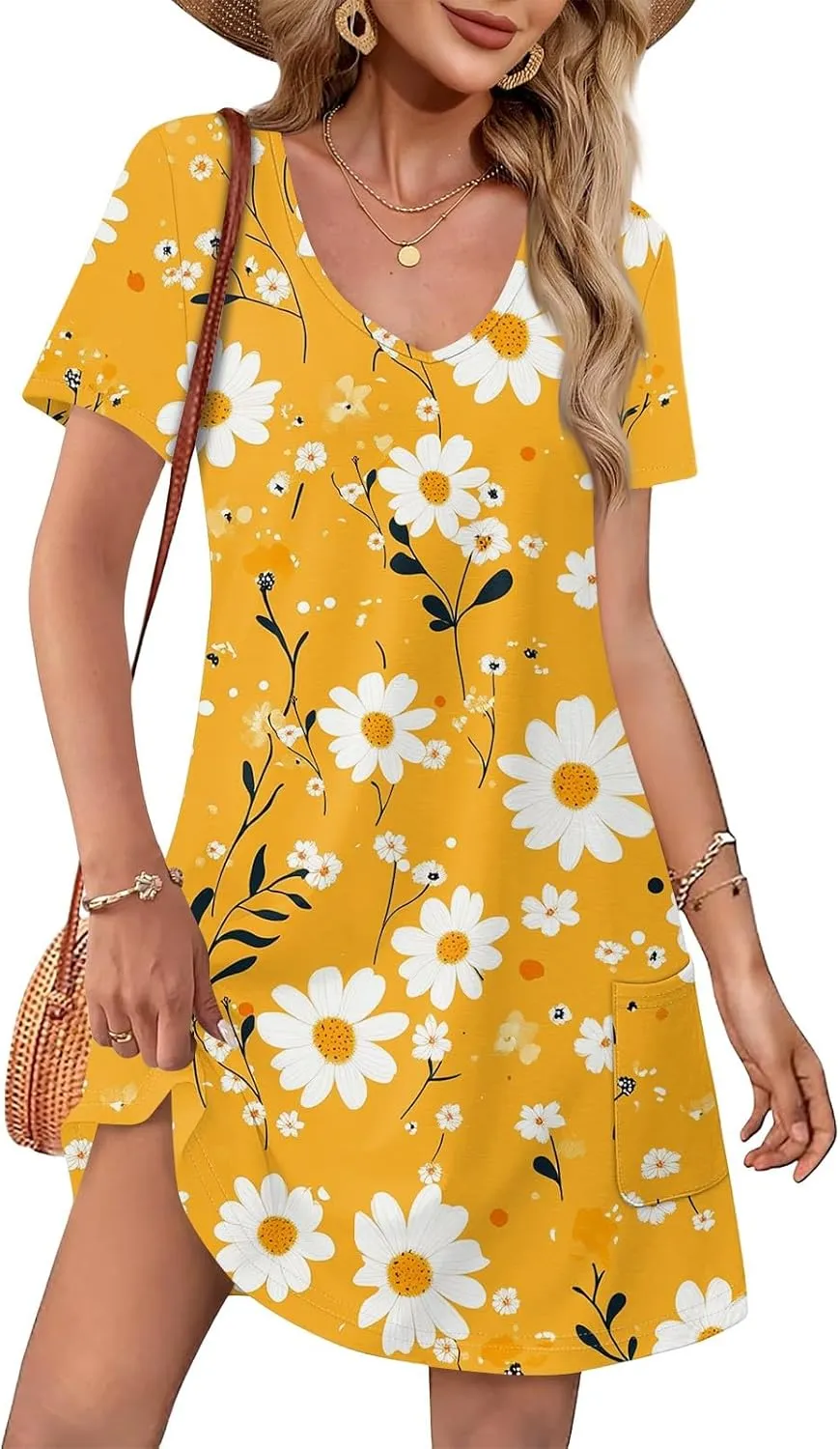 Womens Summer Dresses Short Sleeve V Neck Trendy Casual Floral T Shirt Dress for Women with Pockets