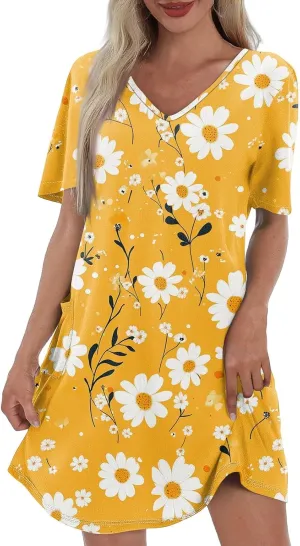 Womens Summer Dresses Short Sleeve V Neck Trendy Casual Floral T Shirt Dress for Women with Pockets