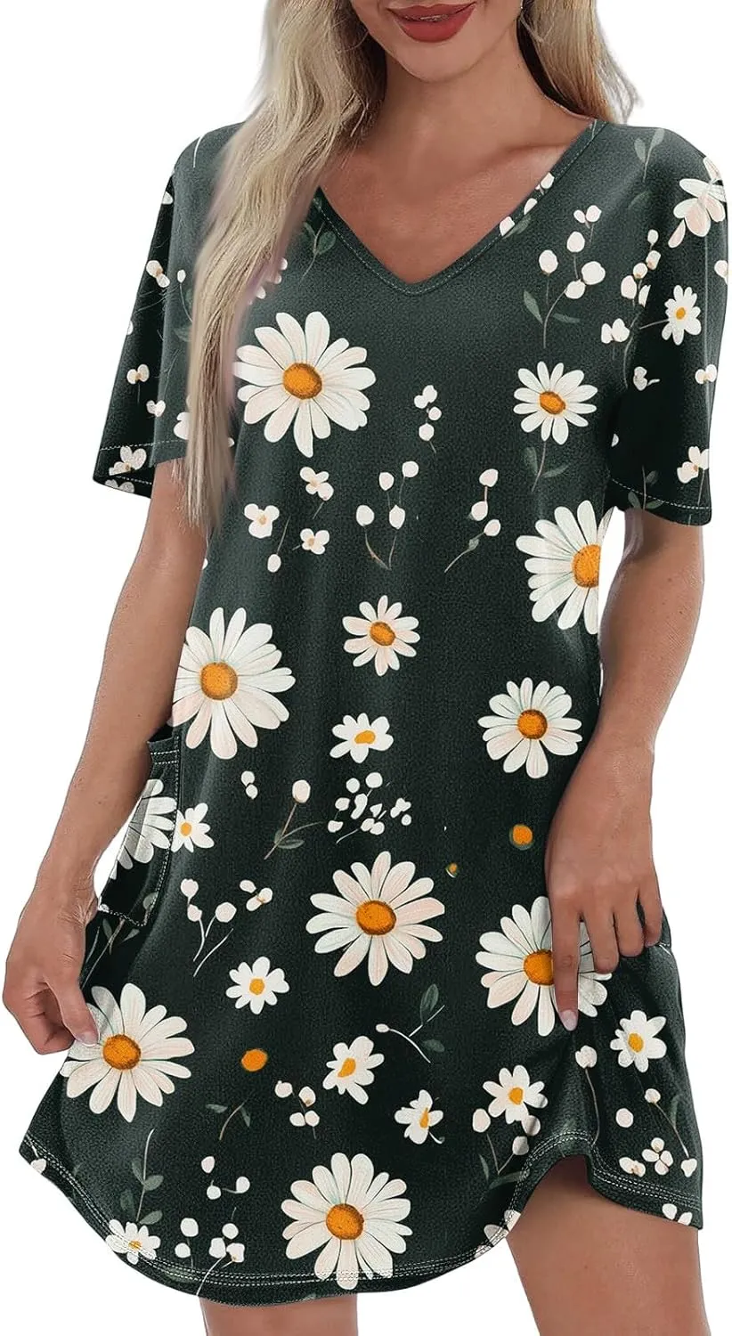 Womens Summer Dresses Short Sleeve V Neck Trendy Casual Floral T Shirt Dress for Women with Pockets