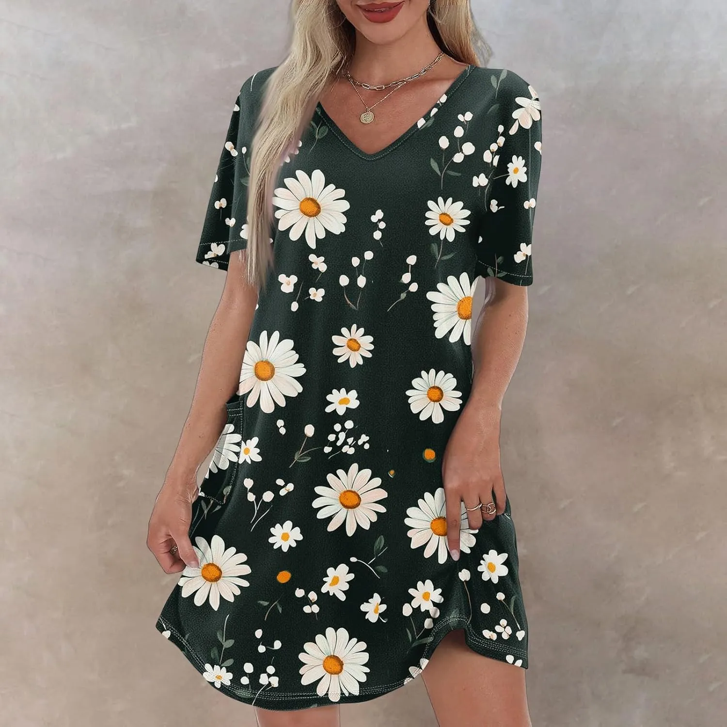 Womens Summer Dresses Short Sleeve V Neck Trendy Casual Floral T Shirt Dress for Women with Pockets