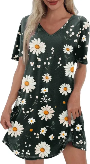 Womens Summer Dresses Short Sleeve V Neck Trendy Casual Floral T Shirt Dress for Women with Pockets