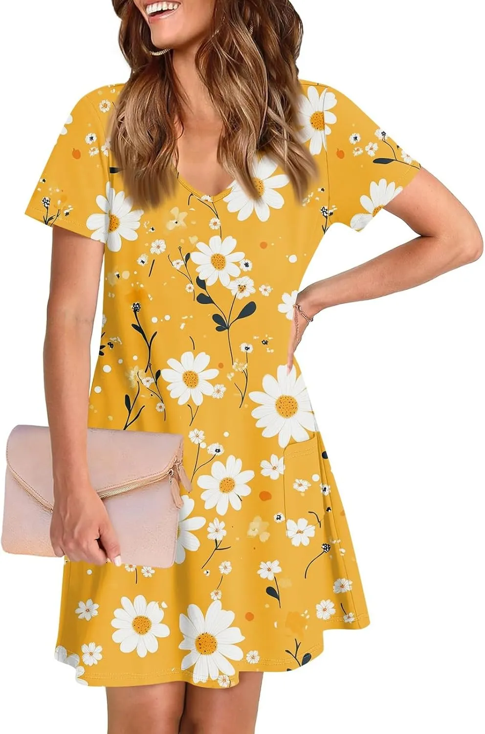 Womens Summer Dresses Short Sleeve V Neck Trendy Casual Floral T Shirt Dress for Women with Pockets