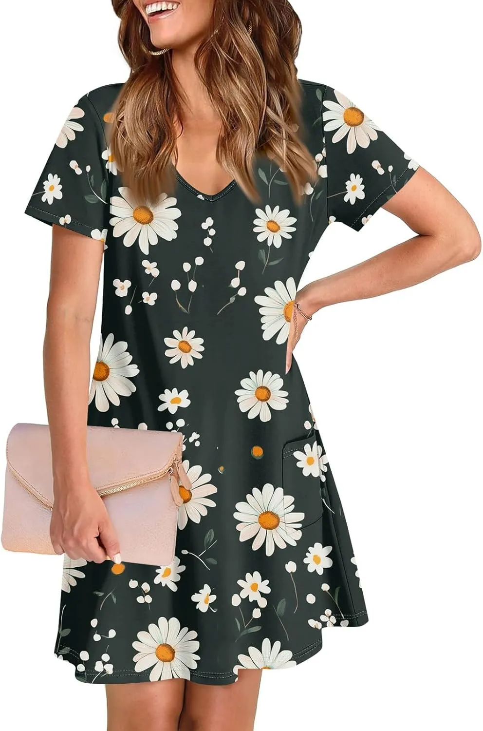Womens Summer Dresses Short Sleeve V Neck Trendy Casual Floral T Shirt Dress for Women with Pockets