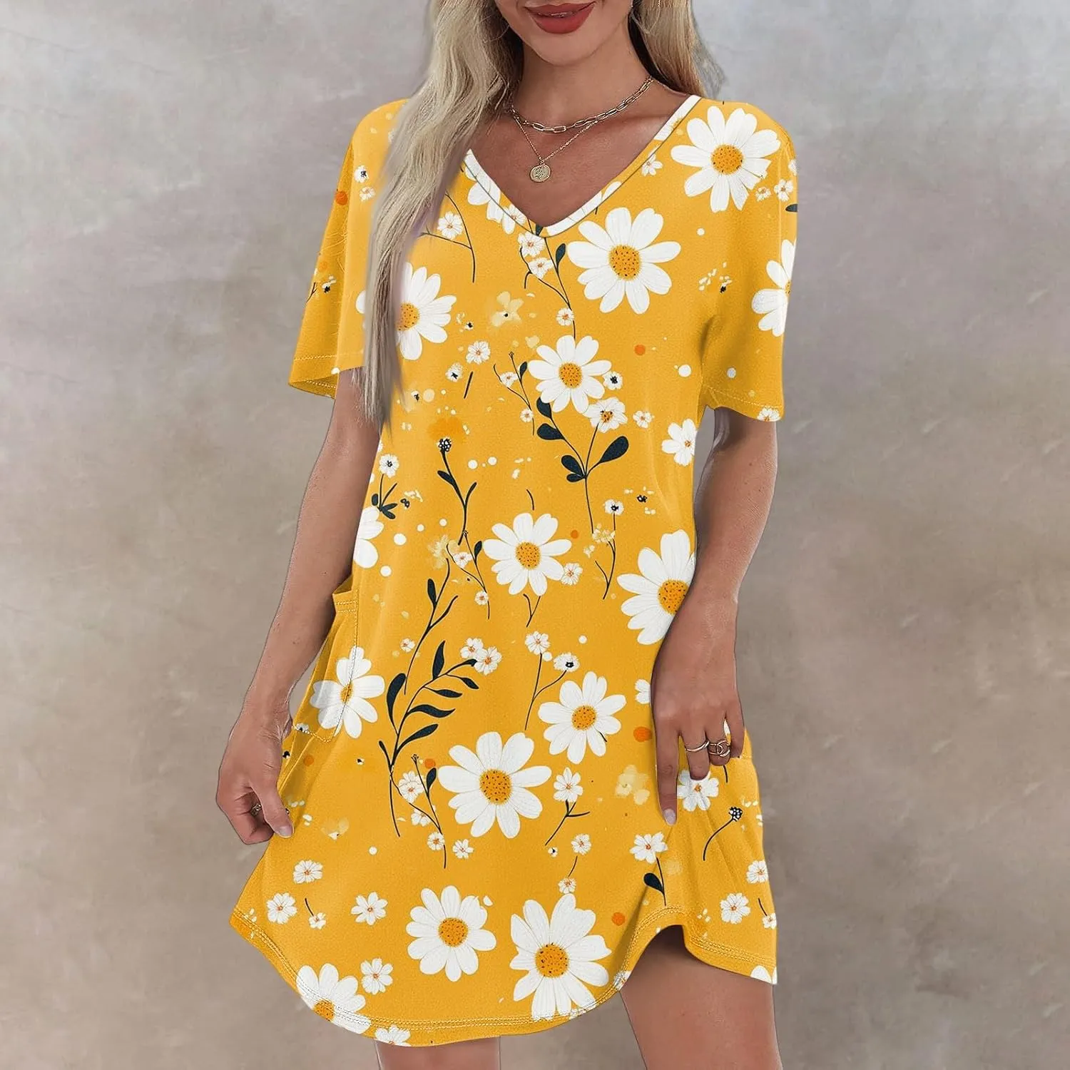 Womens Summer Dresses Short Sleeve V Neck Trendy Casual Floral T Shirt Dress for Women with Pockets