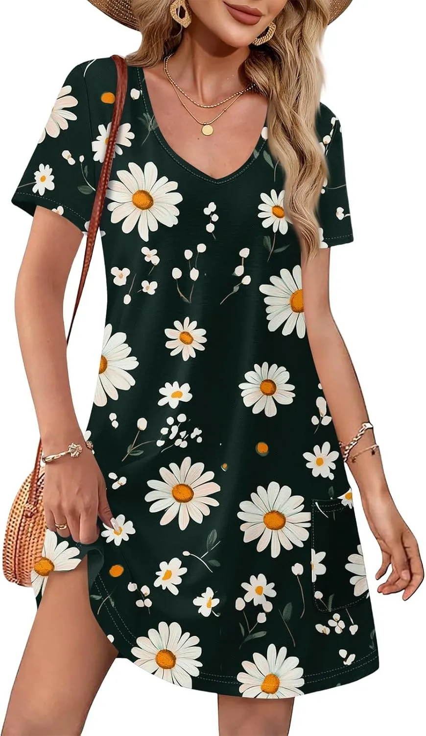 Womens Summer Dresses Short Sleeve V Neck Trendy Casual Floral T Shirt Dress for Women with Pockets