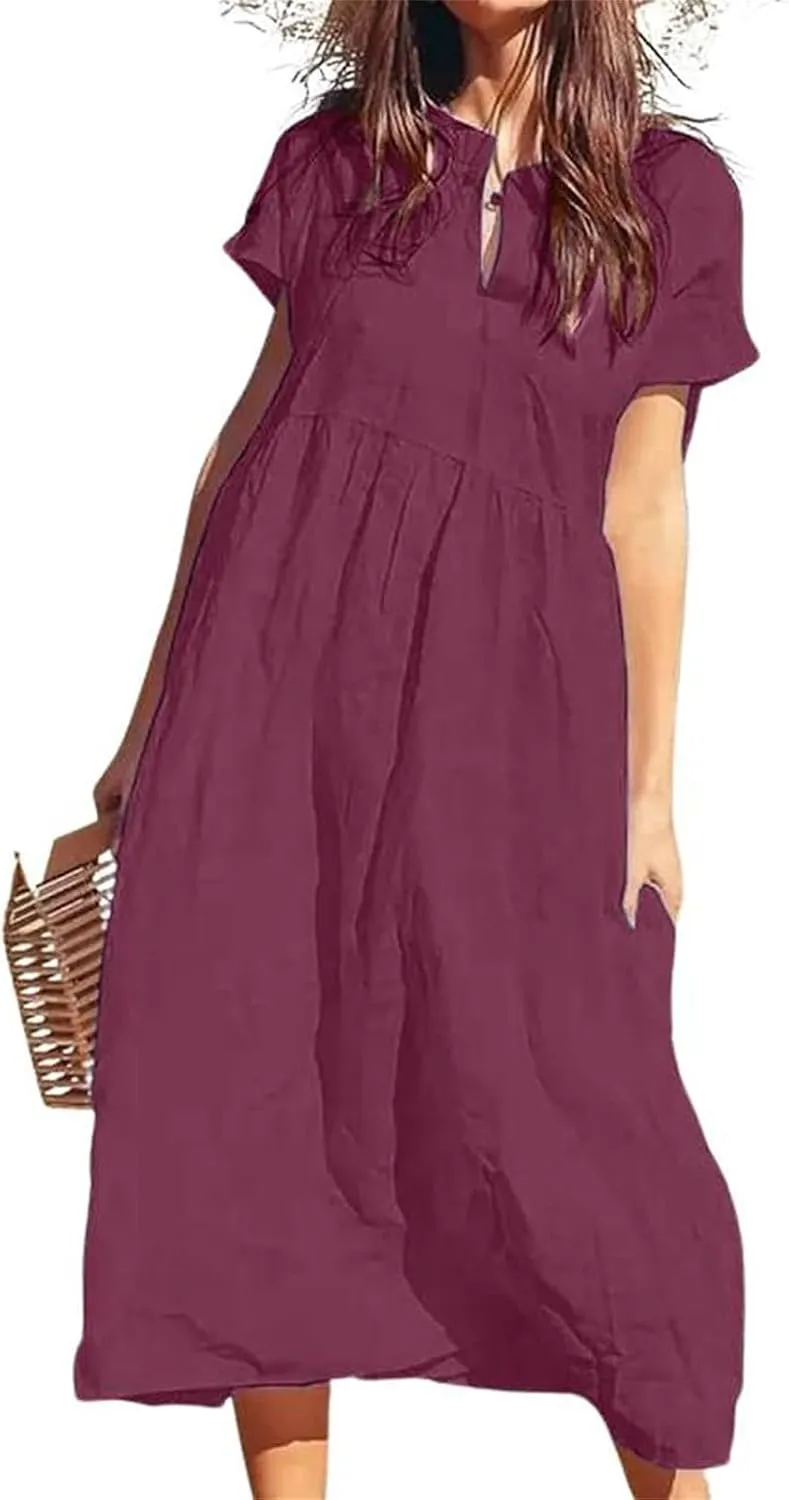 Womens Summer Linen Flowy Maxi Dress Short Sleeve V Neck Dresses Loose Casual Tiered Ruffle High Waist Long Dresses