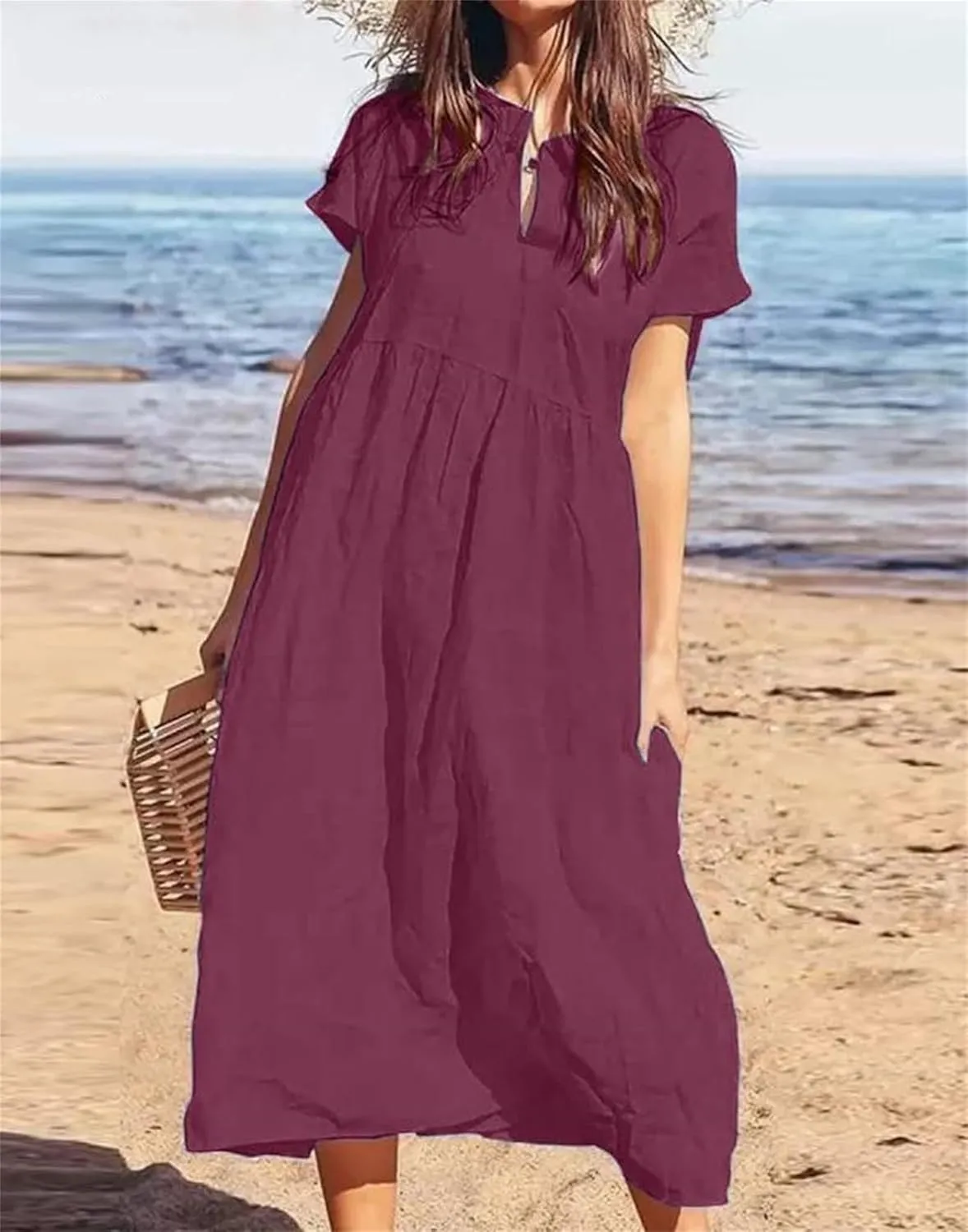Womens Summer Linen Flowy Maxi Dress Short Sleeve V Neck Dresses Loose Casual Tiered Ruffle High Waist Long Dresses