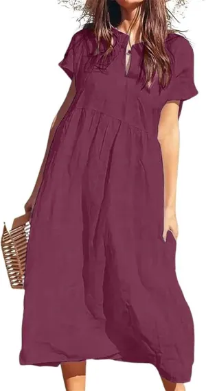 Womens Summer Linen Flowy Maxi Dress Short Sleeve V Neck Dresses Loose Casual Tiered Ruffle High Waist Long Dresses