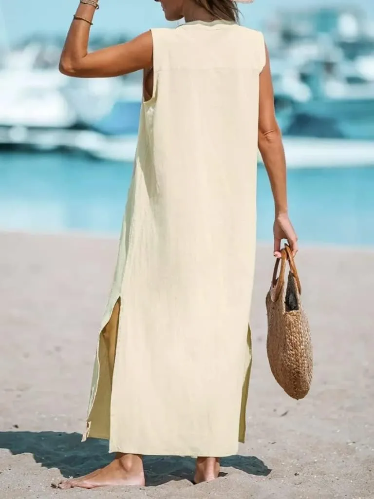 Womens Summer Maxi Dress Casual Loose Pockets Sleeveless Tank Button Down Dress Beach Cover Up Vacation Long Dresses