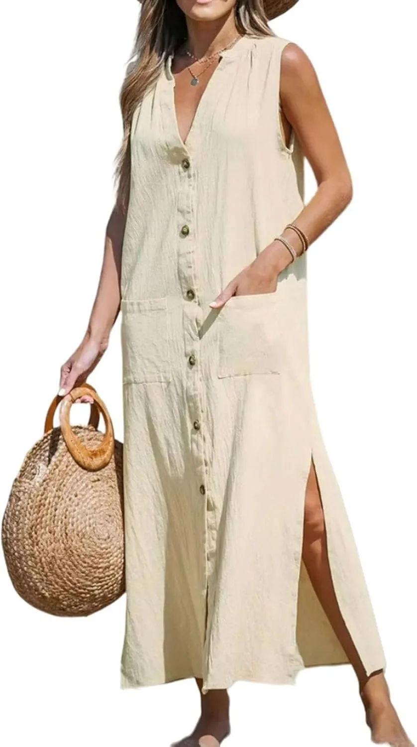 Womens Summer Maxi Dress Casual Loose Pockets Sleeveless Tank Button Down Dress Beach Cover Up Vacation Long Dresses