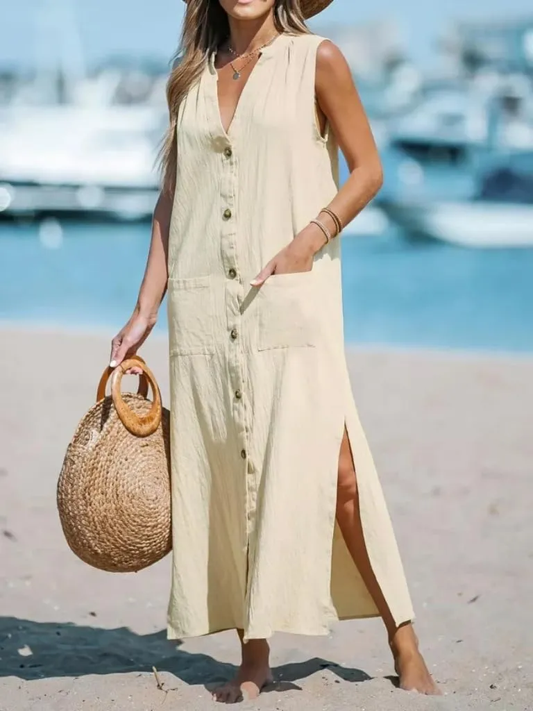 Womens Summer Maxi Dress Casual Loose Pockets Sleeveless Tank Button Down Dress Beach Cover Up Vacation Long Dresses